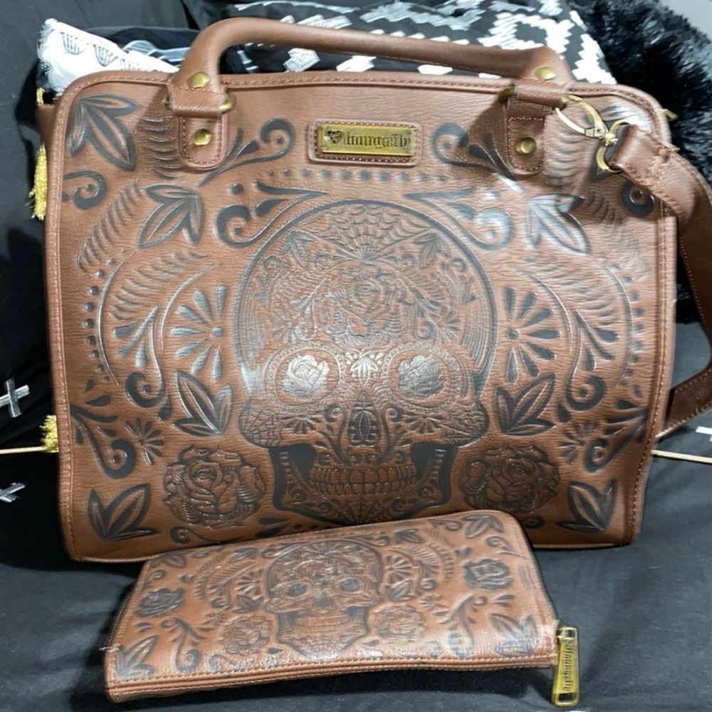 Loungefly Brown Embossed Skull Handbag & Wallet Set